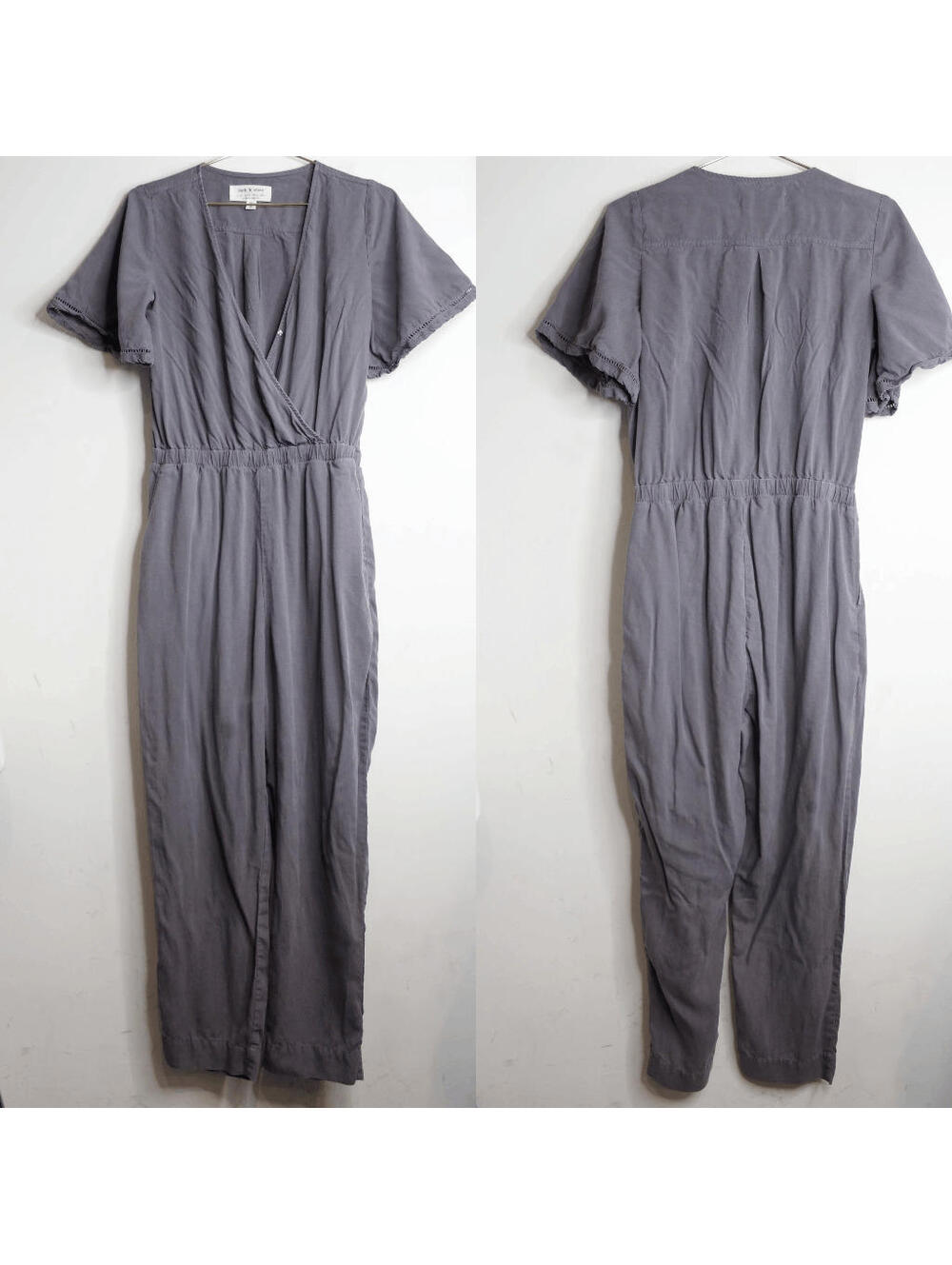 Anthro Gray Short Sleeve V Neck Jumpsuit - Small